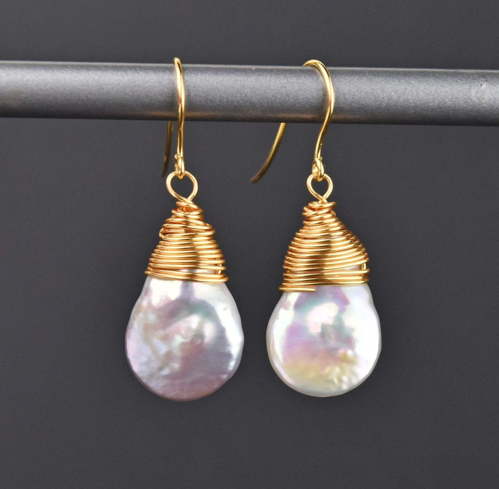 Gold Wire Wrapped Dangle Baroque Pearl Earrings