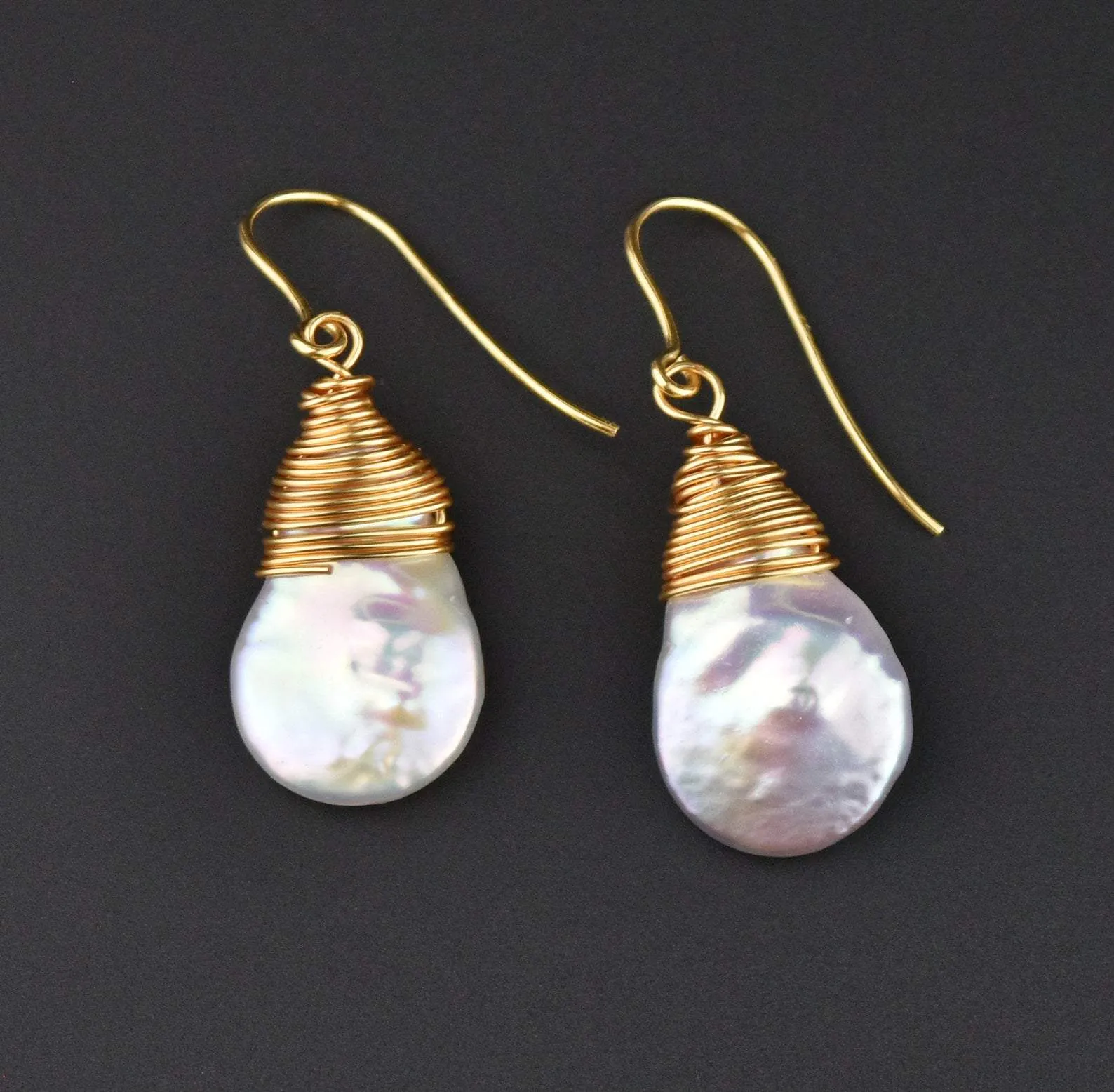 Gold Wire Wrapped Dangle Baroque Pearl Earrings