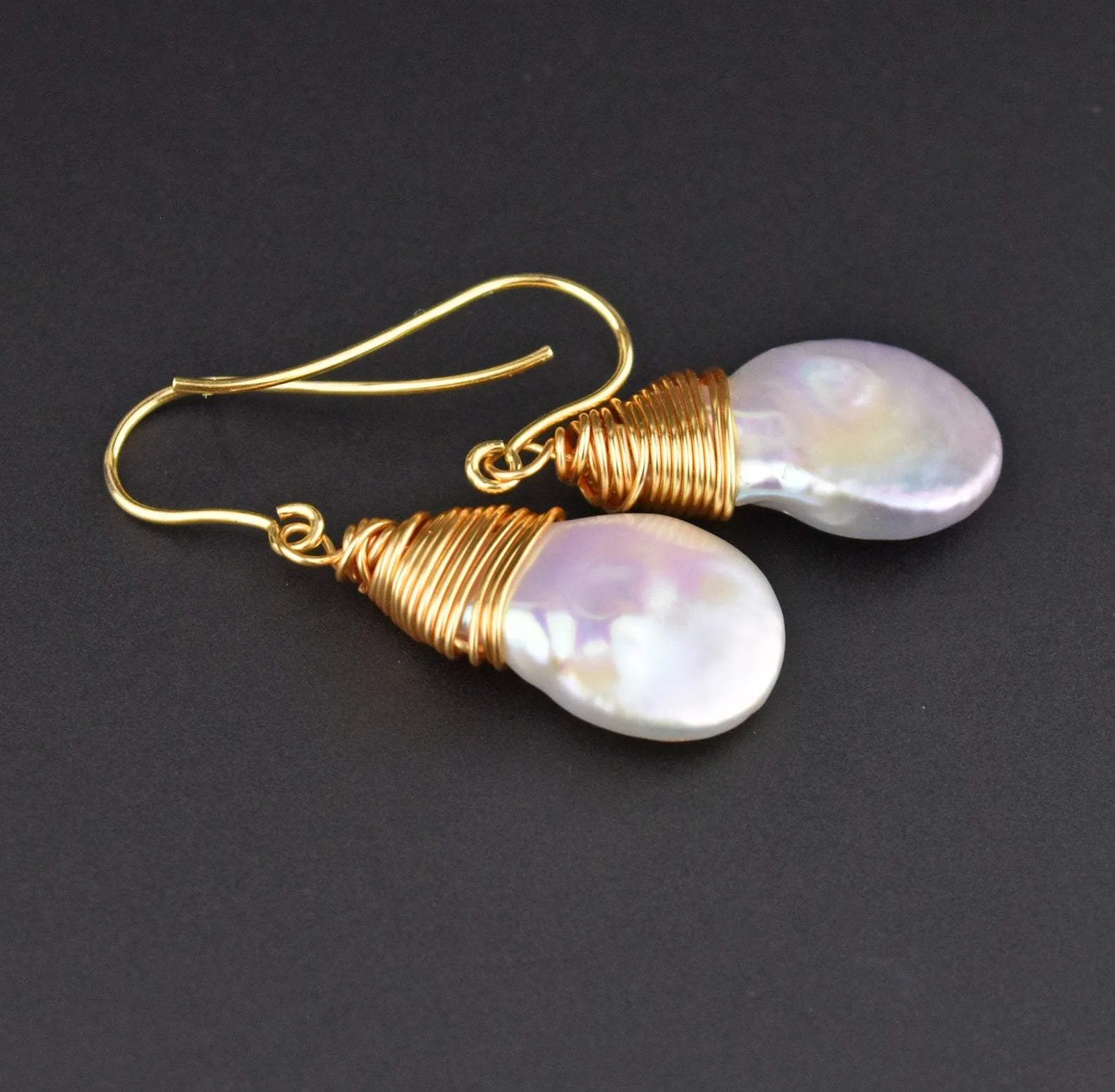 Gold Wire Wrapped Dangle Baroque Pearl Earrings