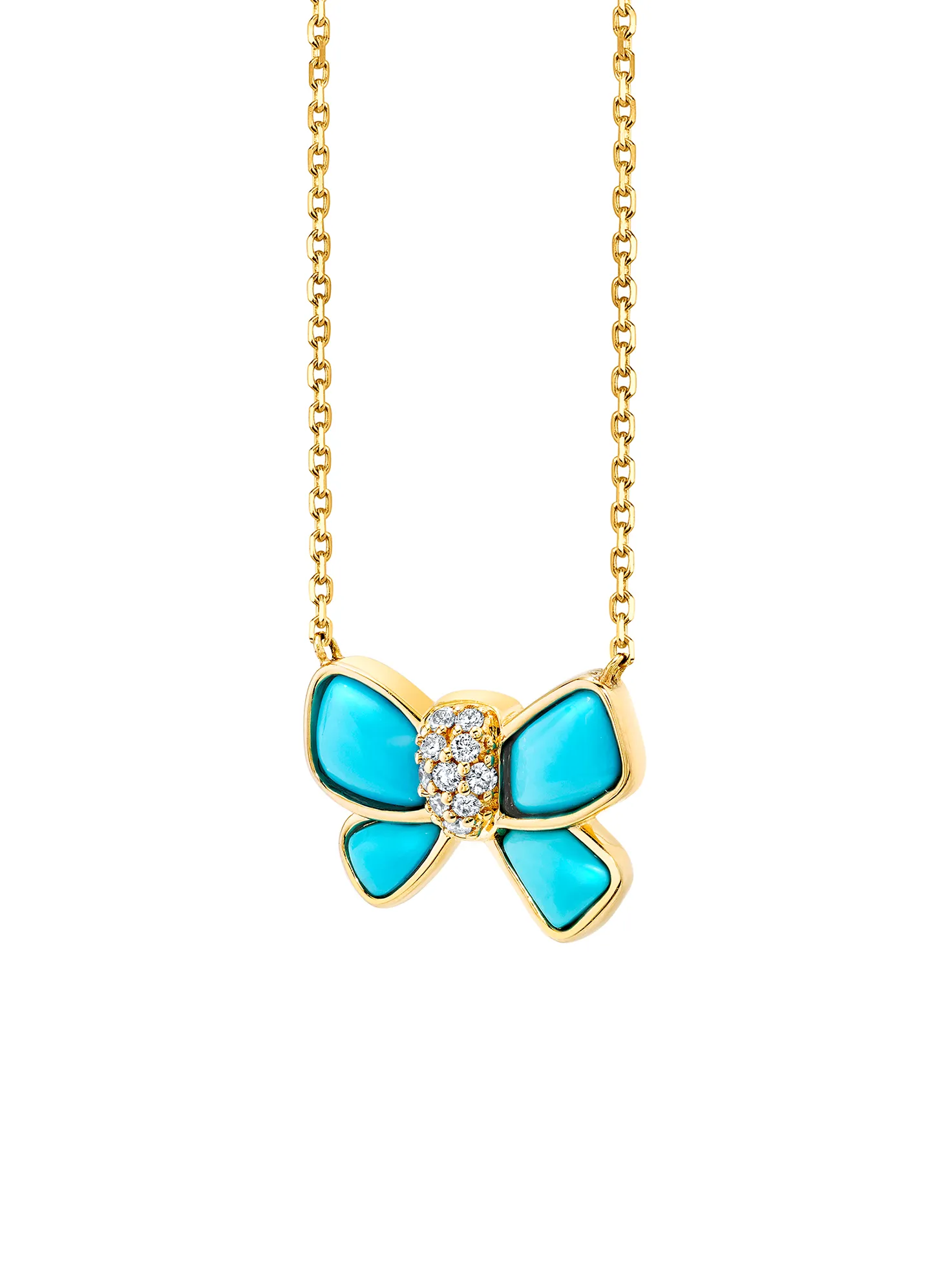 Hand Carved Bow Necklace - White Diamond and Turquoise / 14k Yellow Gold