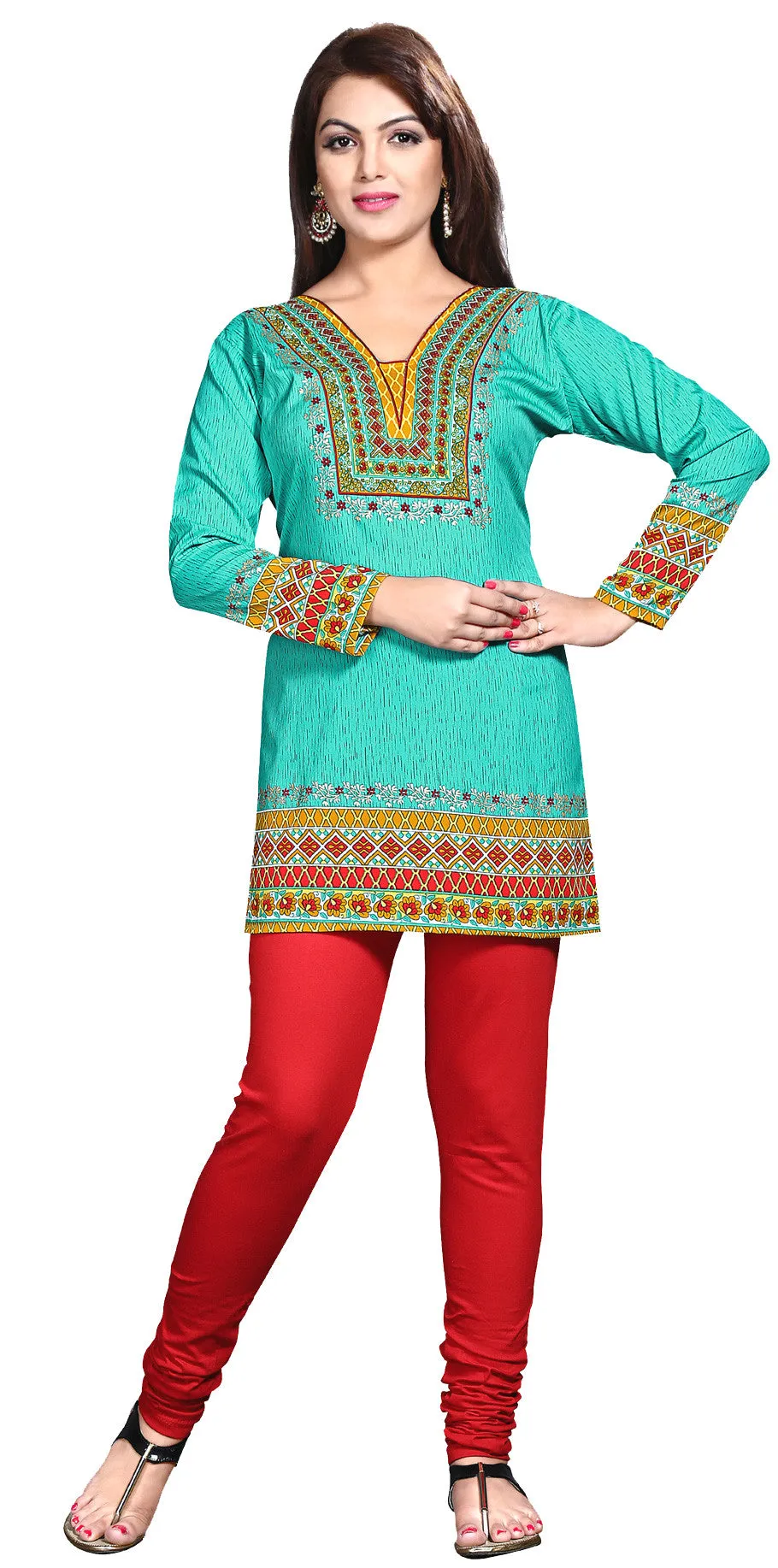 Indian Kurti Top Tunic Printed Womens Blouse India Clothes (Green)