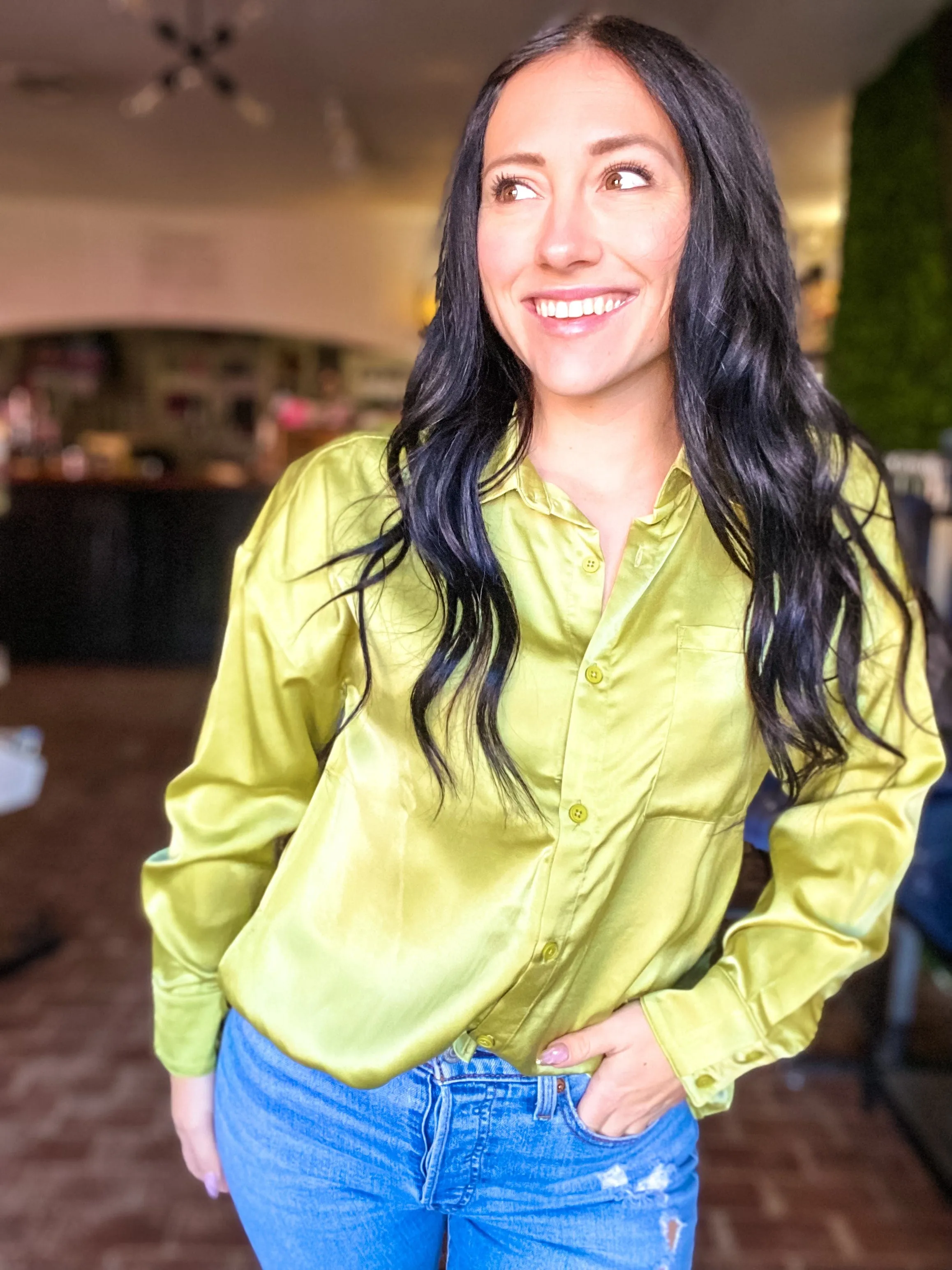 Jess Satin Blouse- Lime