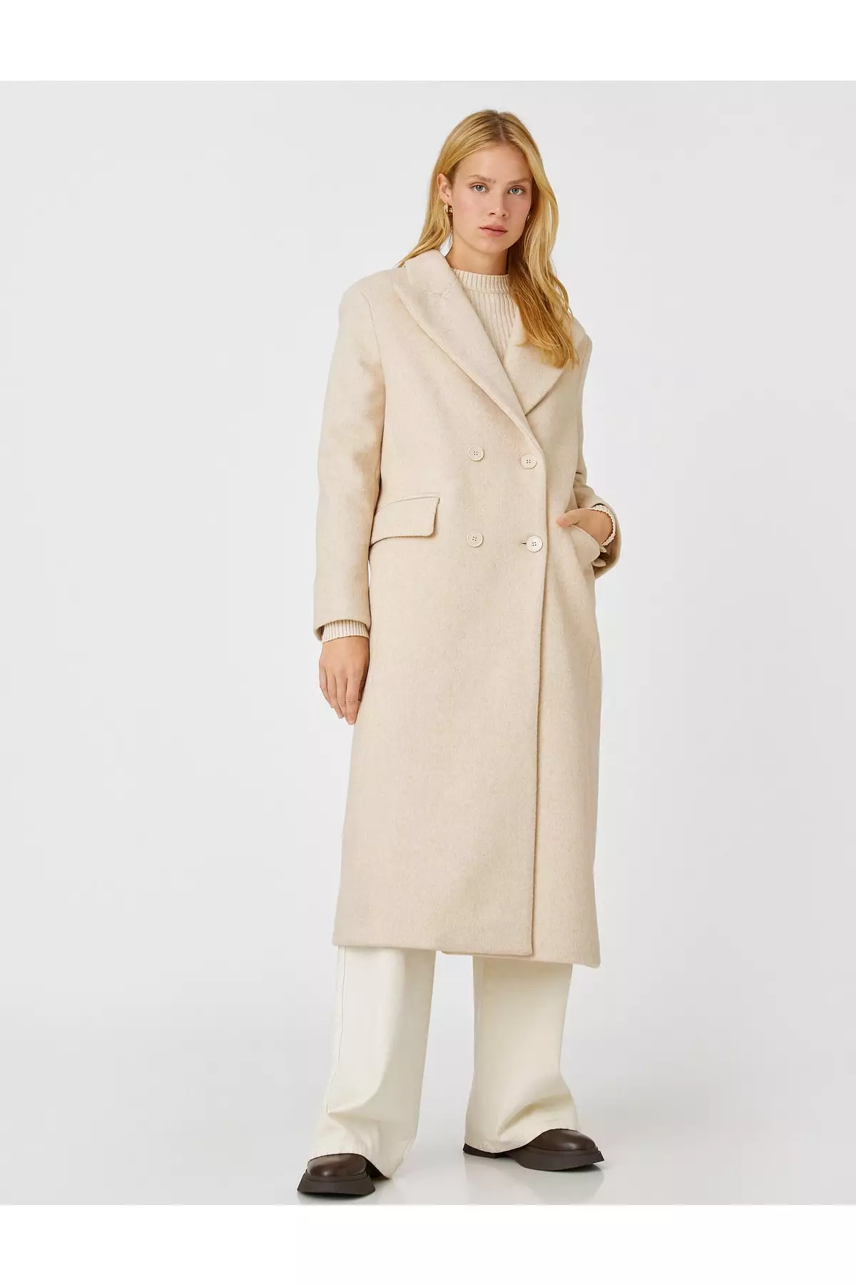 KOTON Long Double Breasted Cashmere Coat