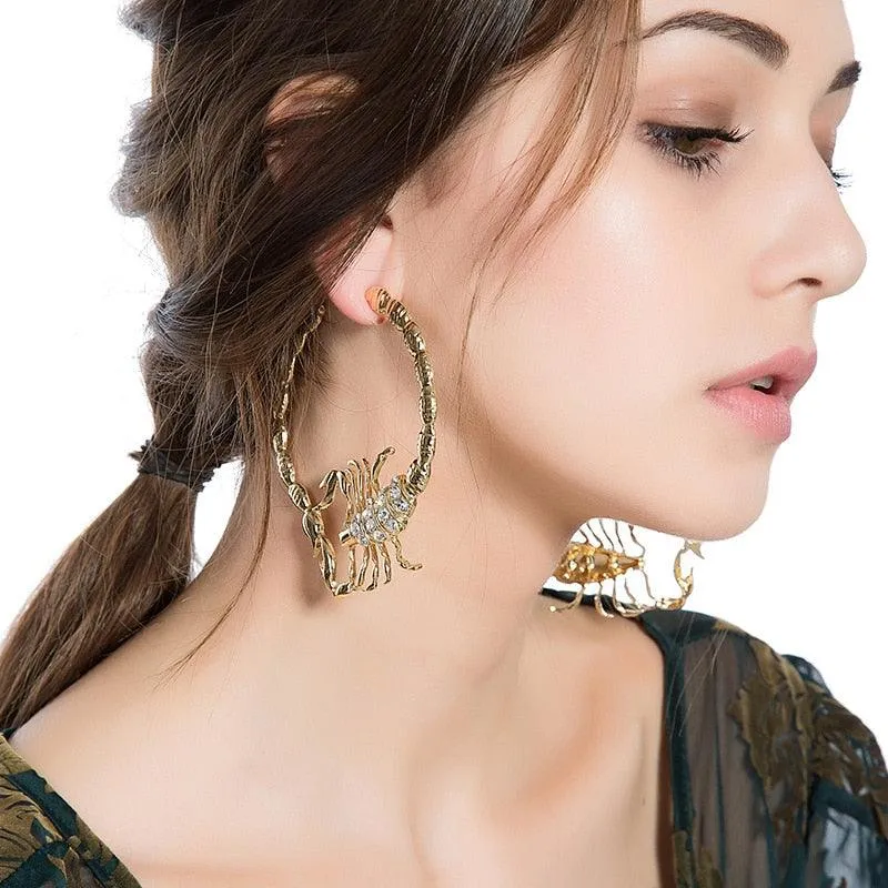 Make a Statement with Big Gothic Scorpions Ear Hoop Earrings with Rhinestones