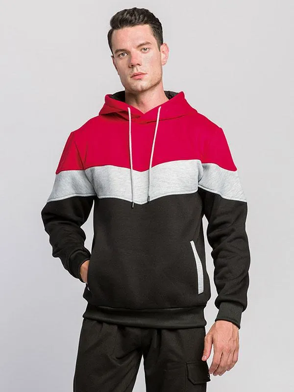 Men Hoodies Red Hooded Long Sleeves Color Block Polyester Sweatshirt