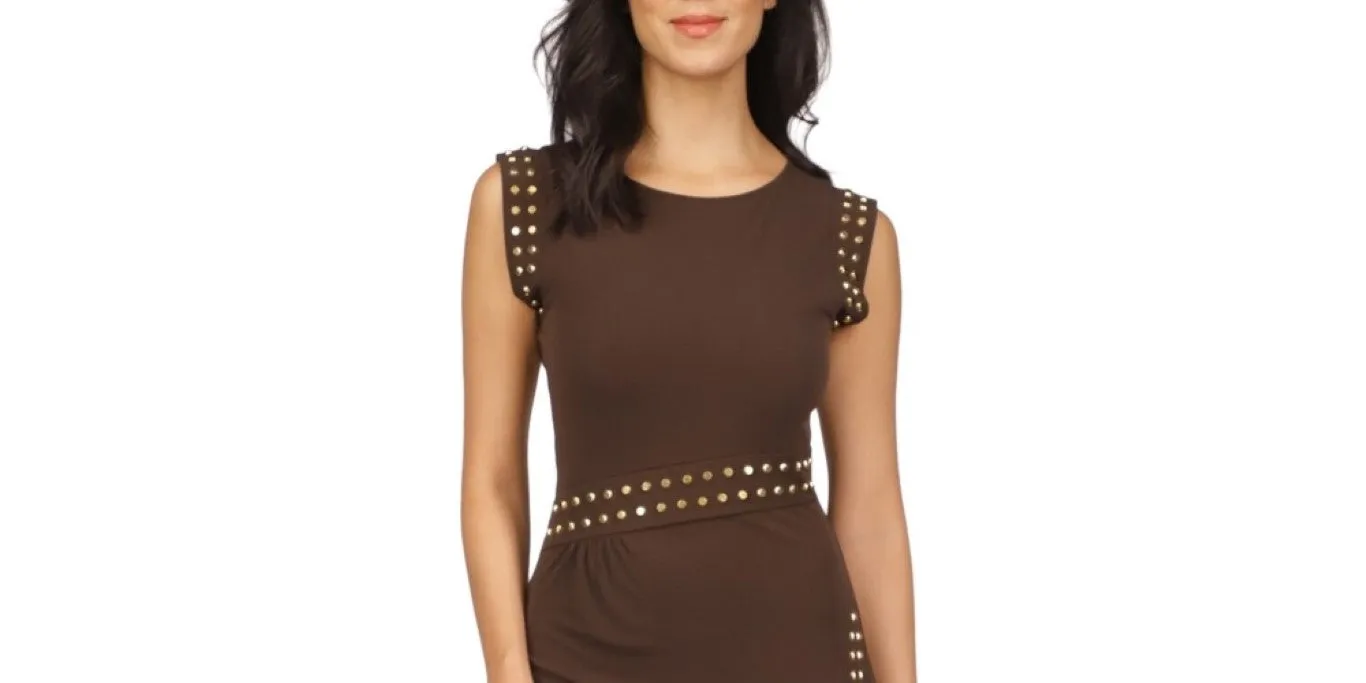 Michael Kors Women's Astor Studded Side Slit Midi Dress Brown Size Medium