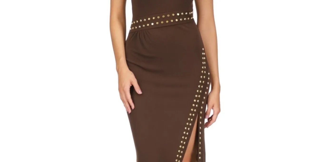 Michael Kors Women's Astor Studded Side Slit Midi Dress Brown Size Medium