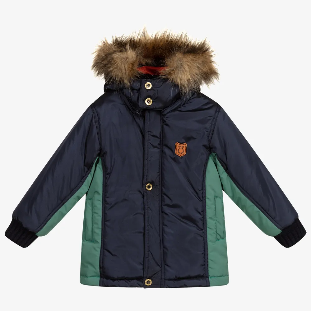 Navy Blue & Green Parka Coat