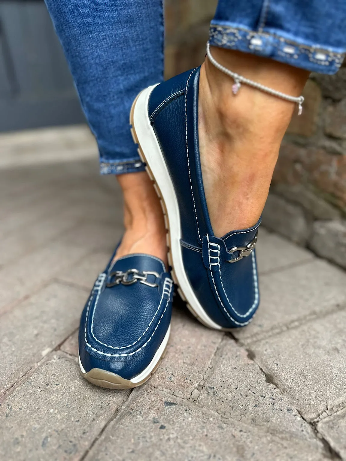 Navy Leather Buckle Loafer