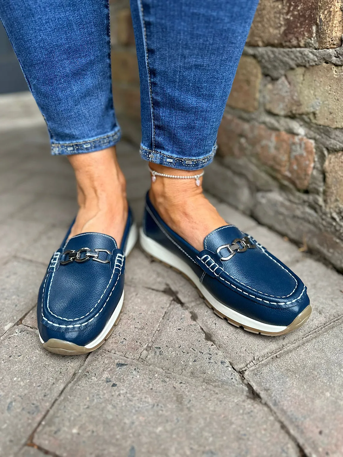 Navy Leather Buckle Loafer