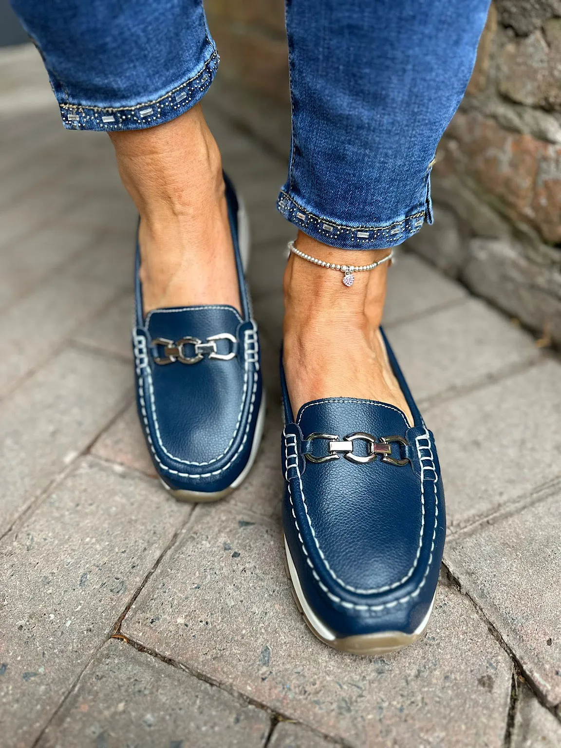 Navy Leather Buckle Loafer