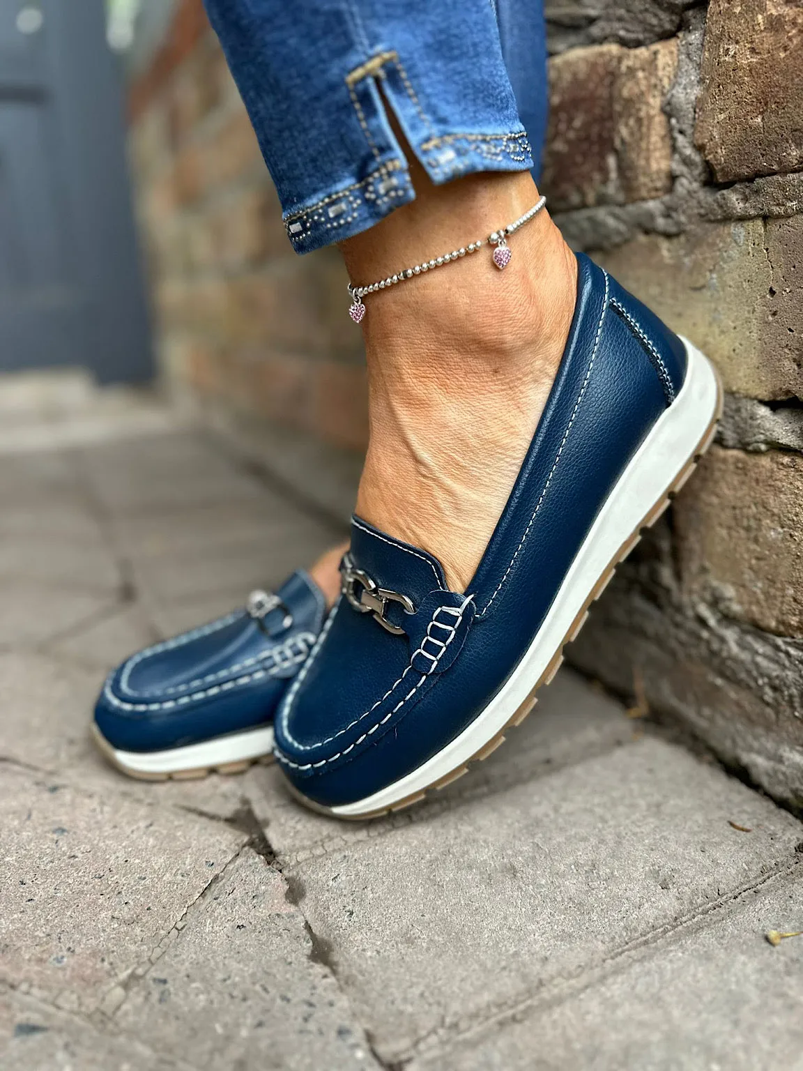 Navy Leather Buckle Loafer