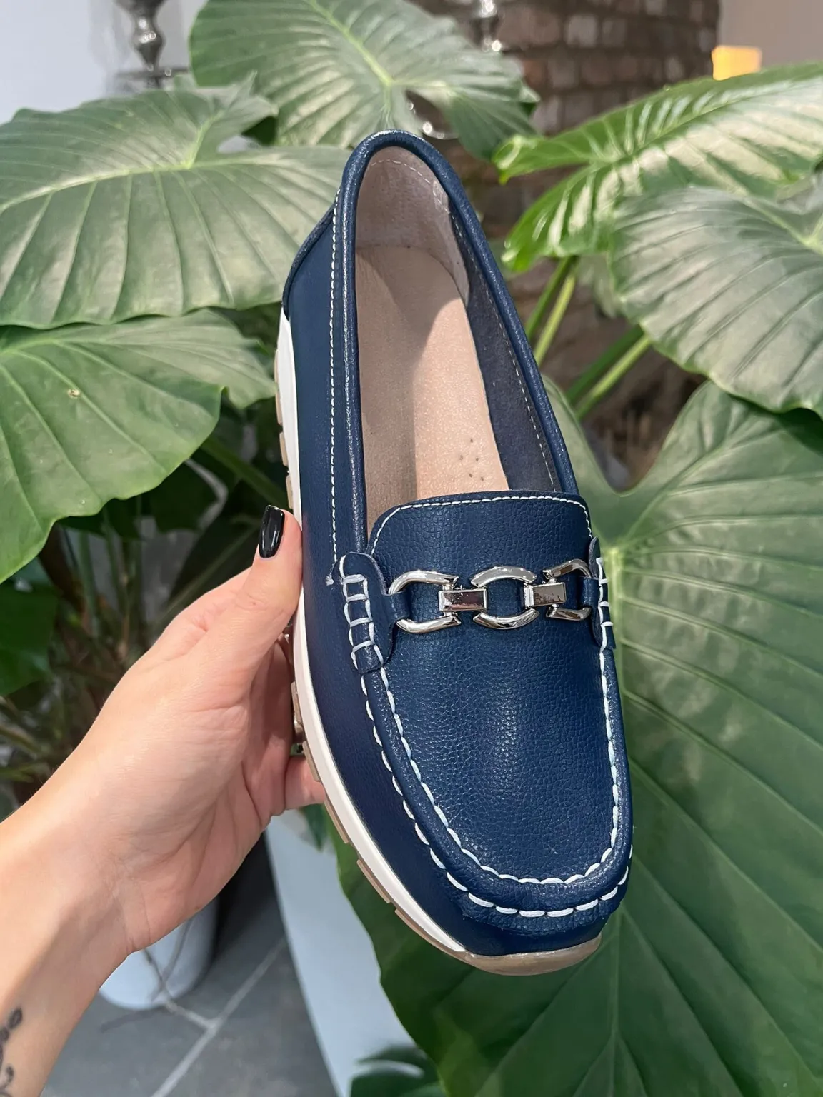 Navy Leather Buckle Loafer