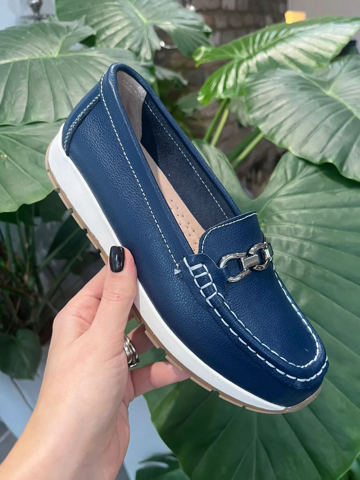 Navy Leather Buckle Loafer