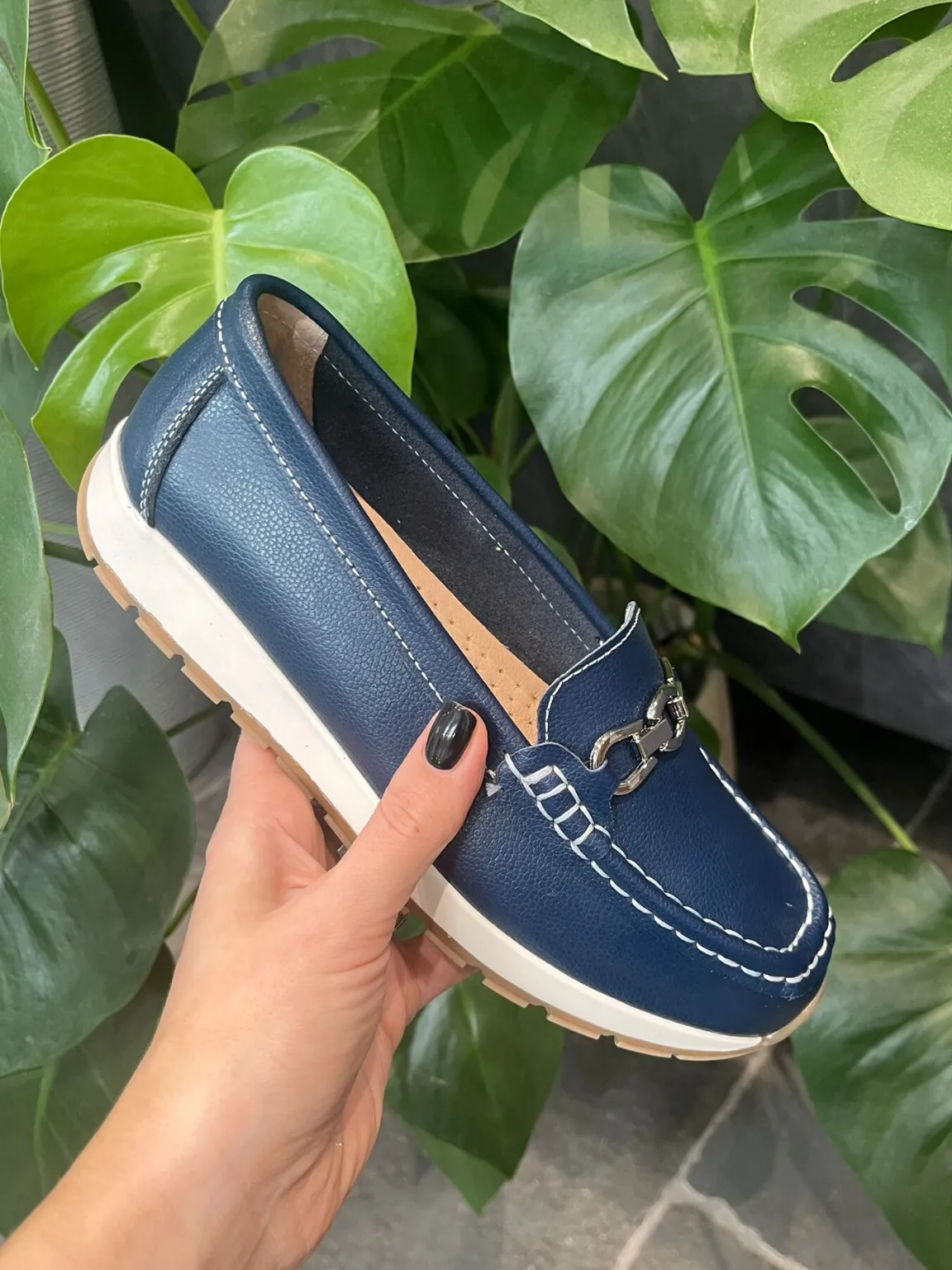 Navy Leather Buckle Loafer