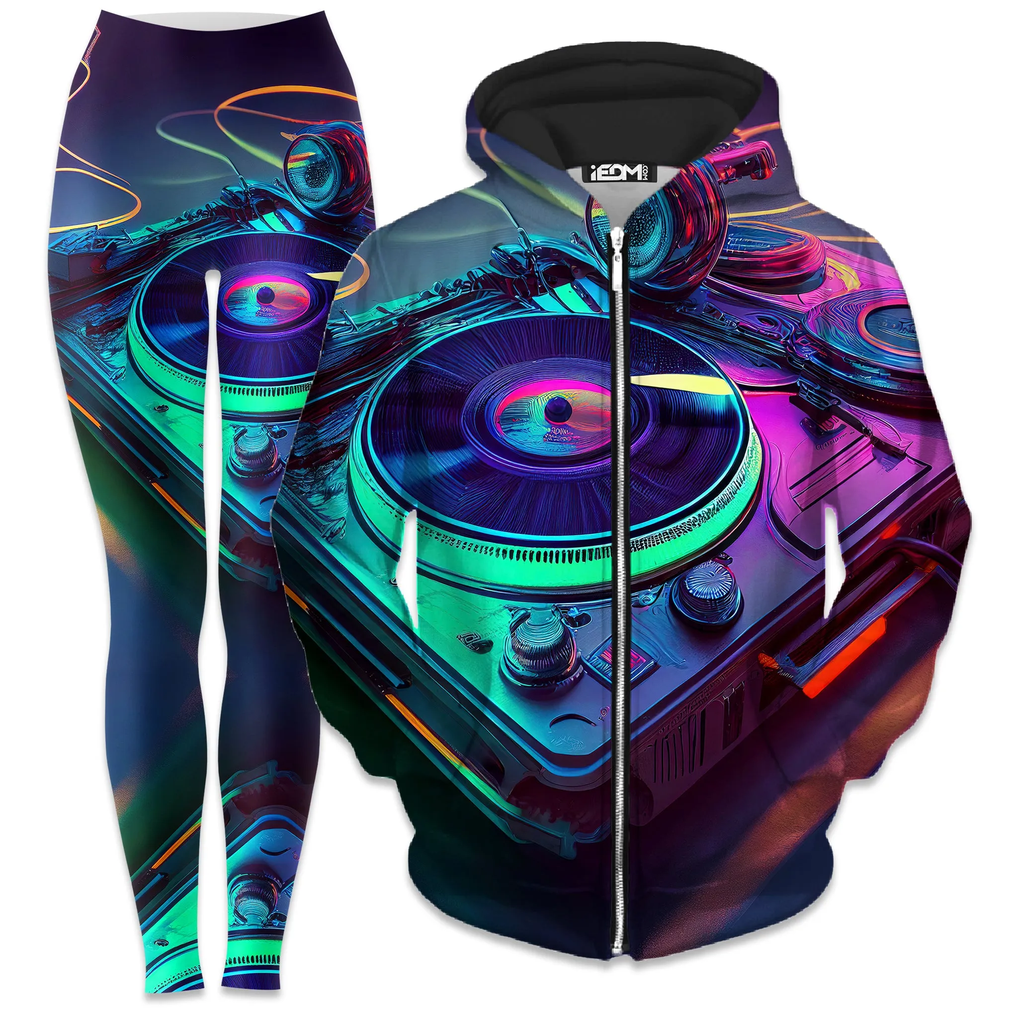 Neon Turntables Zip-Up Hoodie and Leggings Combo