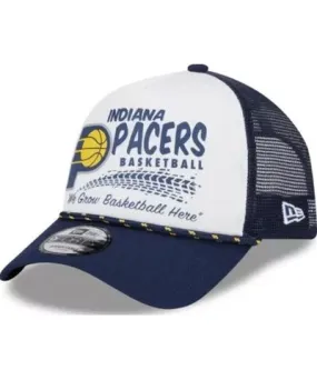 New Era Men's NBA White/Navy Indiana Pacers Burnout Print A-Frame 9FORTY Trucker Hat