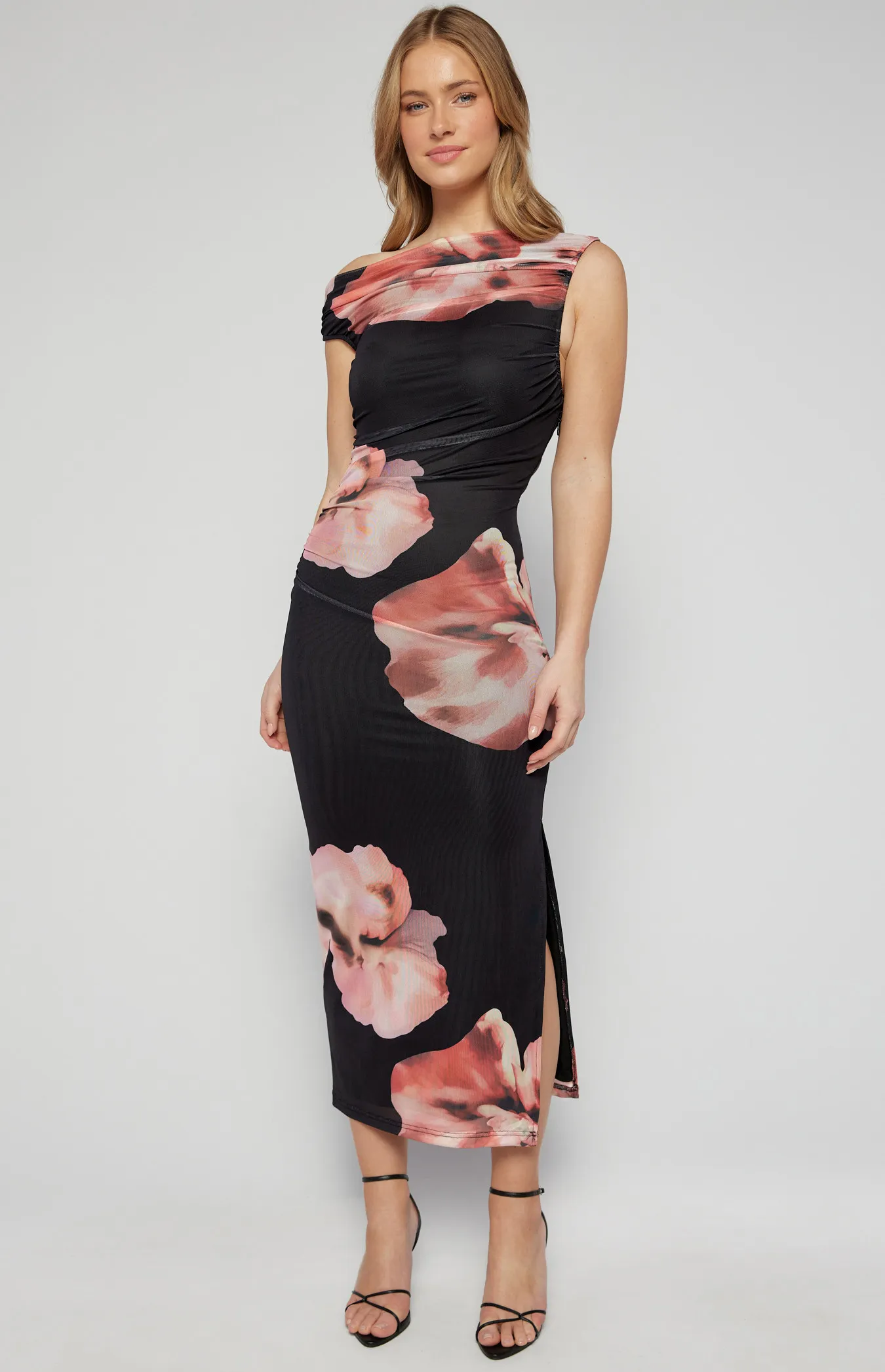 One Shoulder Placement Floral Print Mesh Dress (SDR1607A)