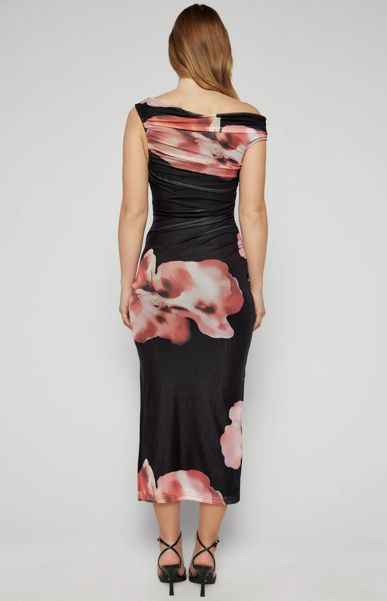 One Shoulder Placement Floral Print Mesh Dress (SDR1607A)