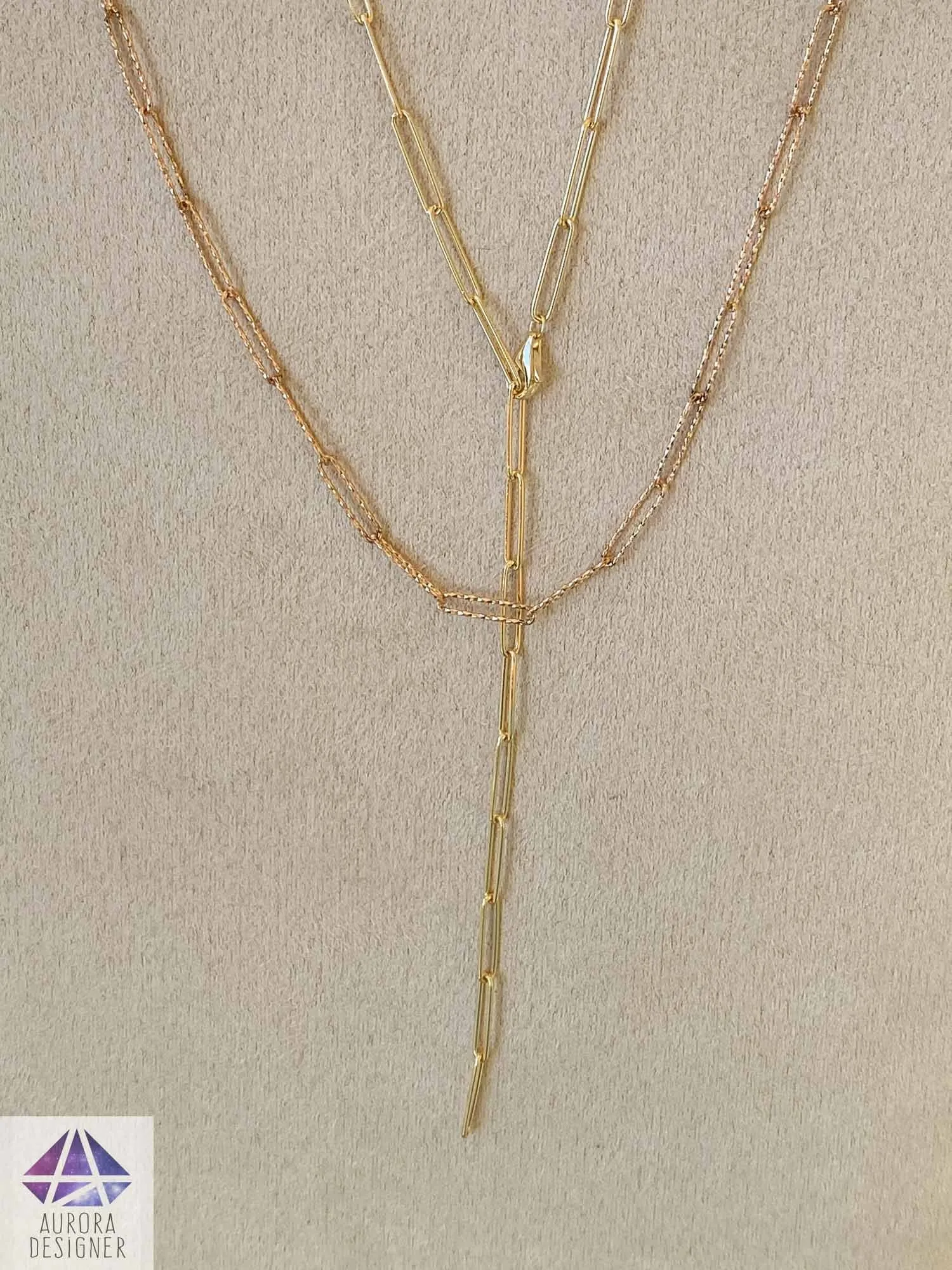 Paper Clip Solid 14K Gold Necklace Bracelet Chain Lariat Y Adjustable Layering Paperclip AD1960