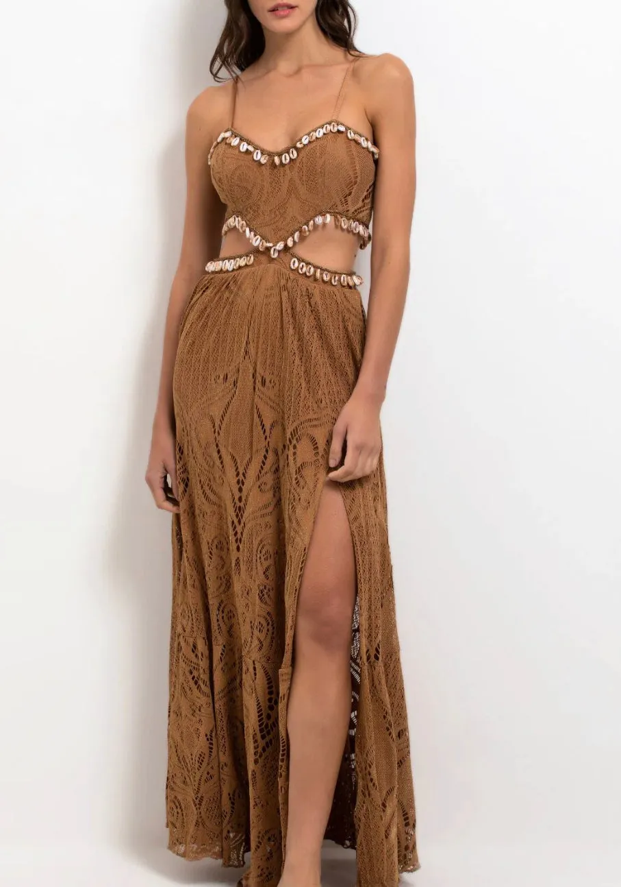 Patbo - Beaded Seashell Cut Out Maxi Dress - Almond