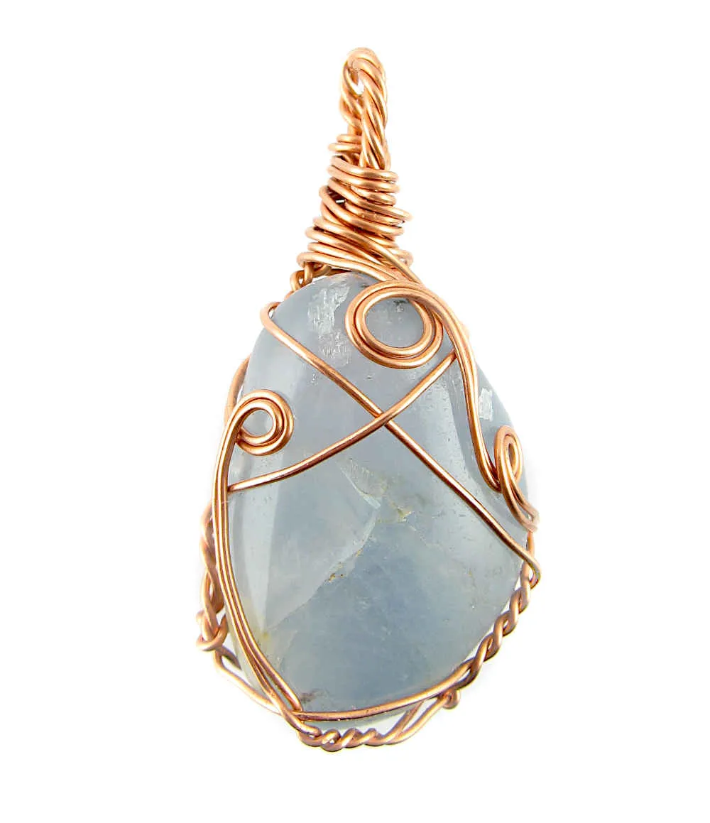 Polished Blue Celestite Pendant Necklace, Copper Wire-Wrapped, with 20 Chain, Handmade #3