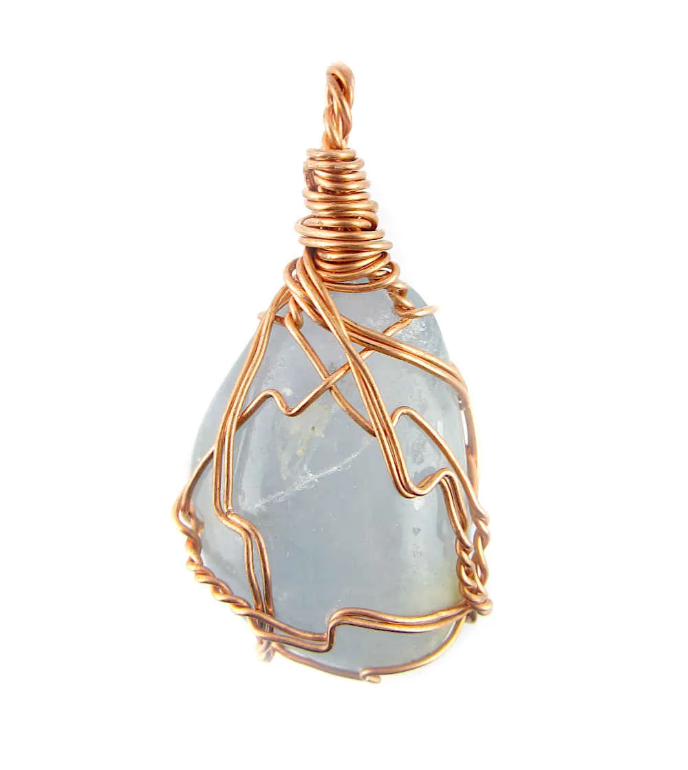 Polished Blue Celestite Pendant Necklace, Copper Wire-Wrapped, with 20 Chain, Handmade #3