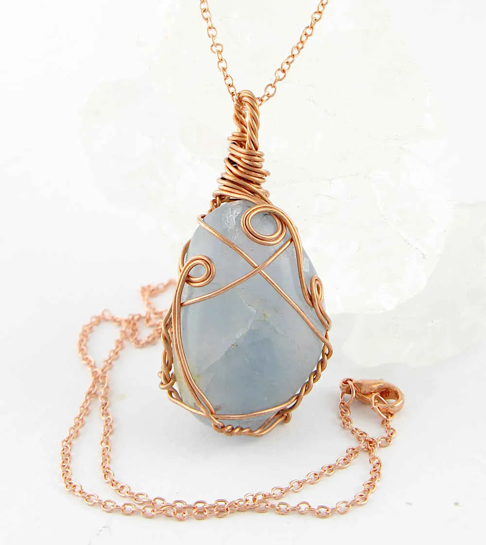 Polished Blue Celestite Pendant Necklace, Copper Wire-Wrapped, with 20 Chain, Handmade #3