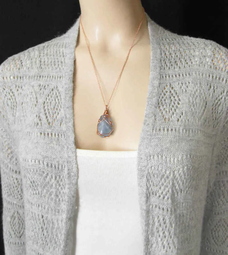 Polished Blue Celestite Pendant Necklace, Copper Wire-Wrapped, with 20 Chain, Handmade #3