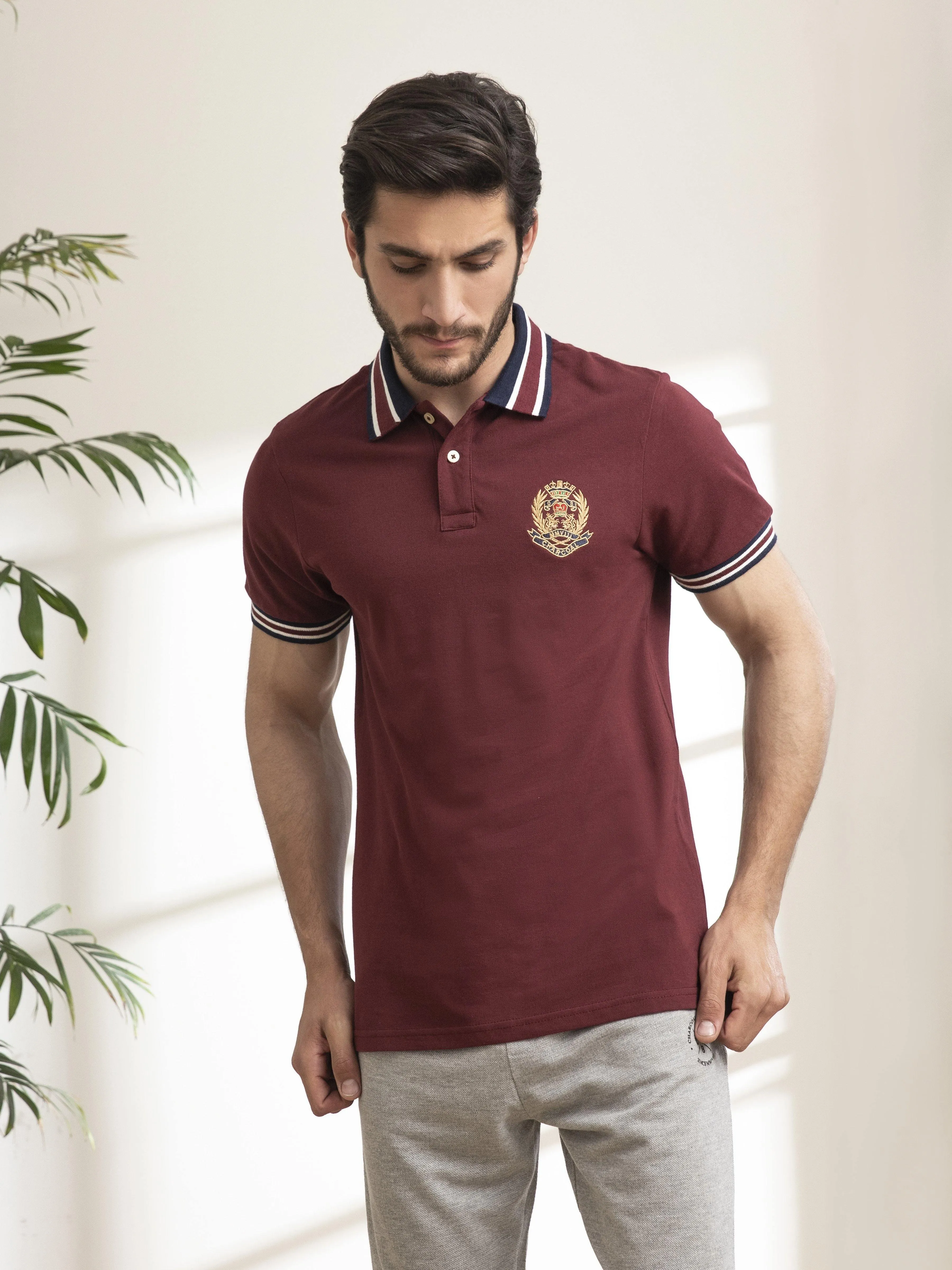 POLO SHIRT JACQUARD COLLAR MAROON