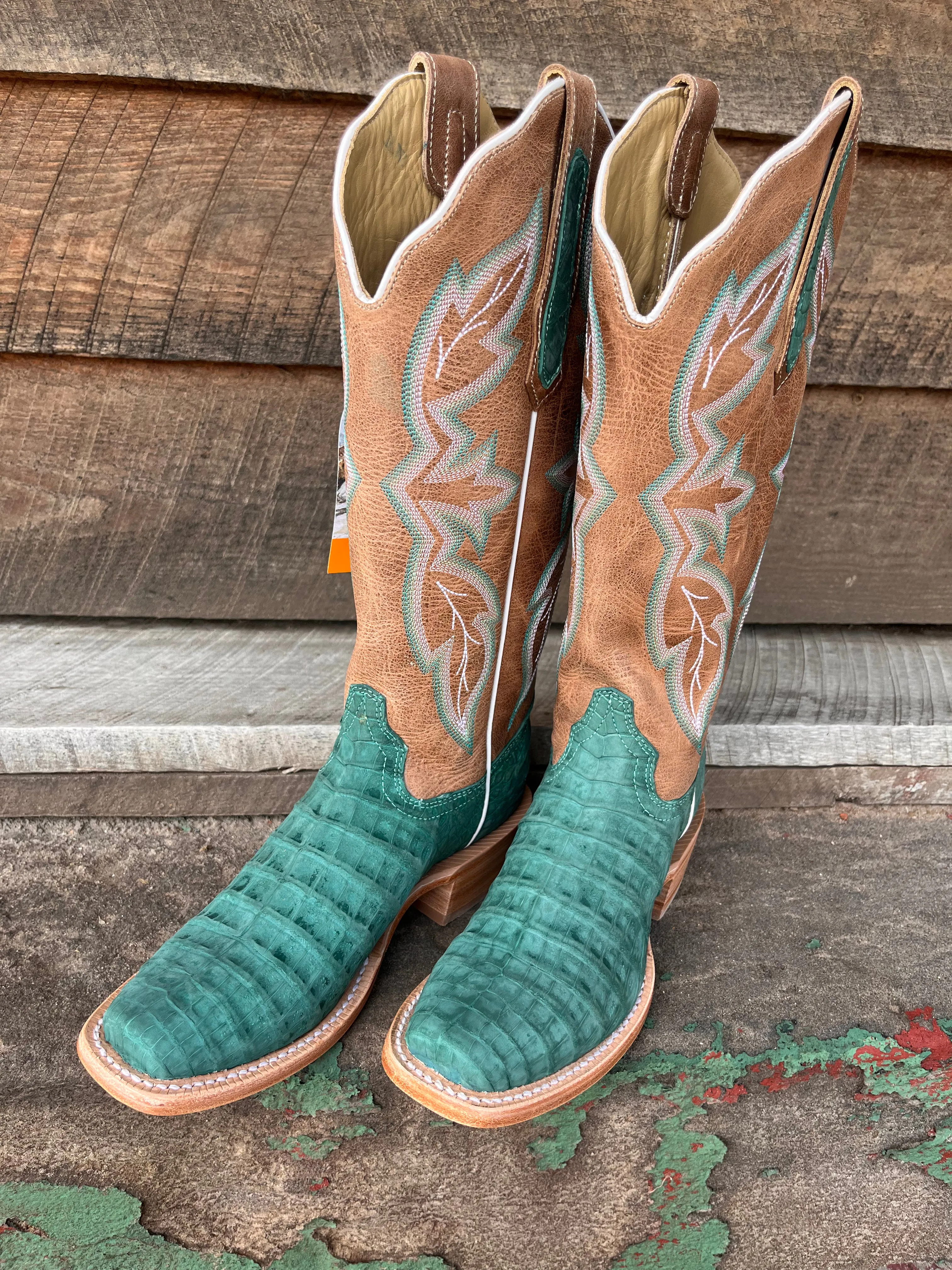 R. Watson Women's Nubuck Turquoise Caiman Belly Narrow Square Toe Cowgirl Boots RWL2011