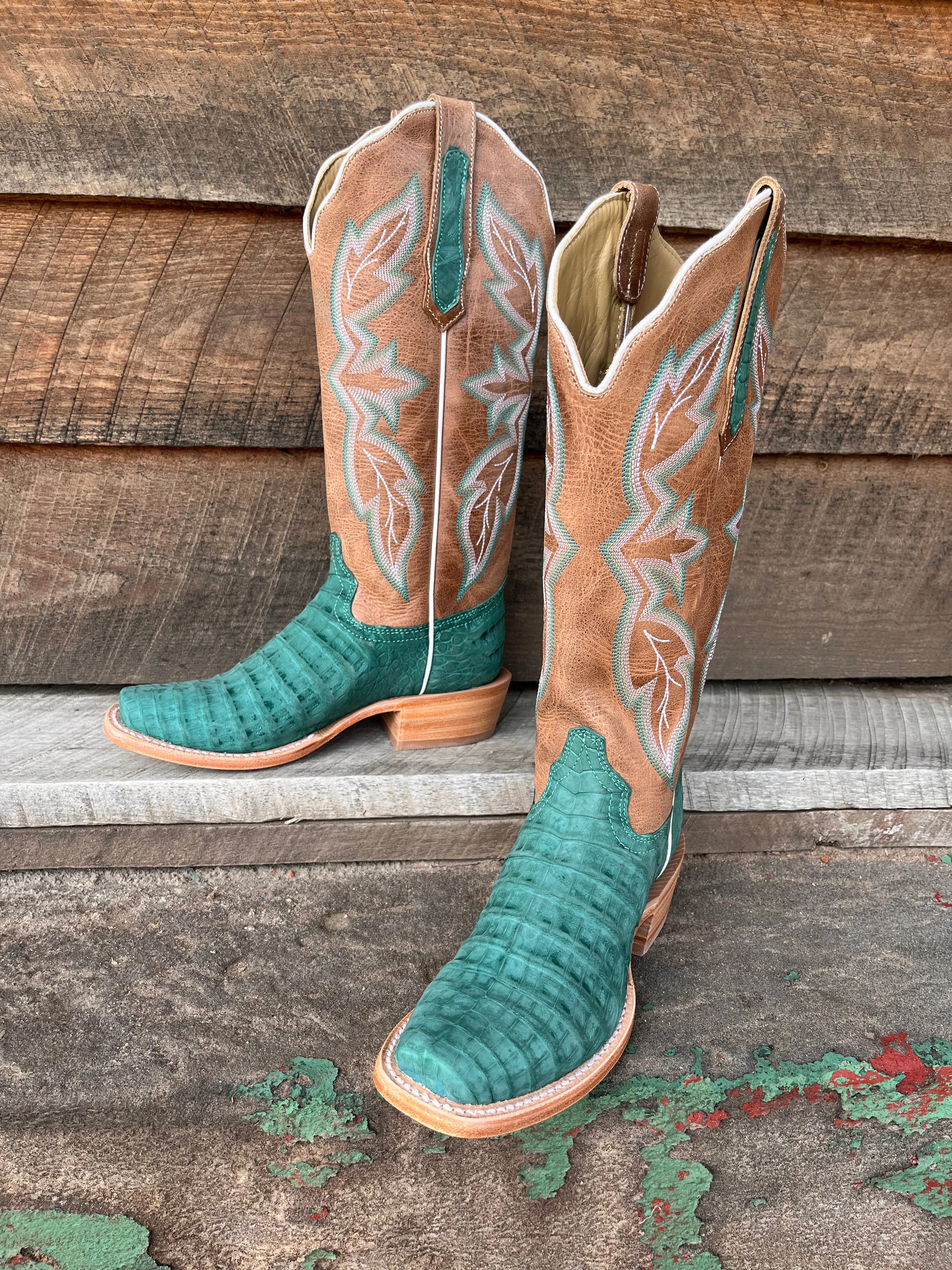 R. Watson Women's Nubuck Turquoise Caiman Belly Narrow Square Toe Cowgirl Boots RWL2011