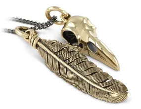 Raven Skull & Feather Necklace - Bronze