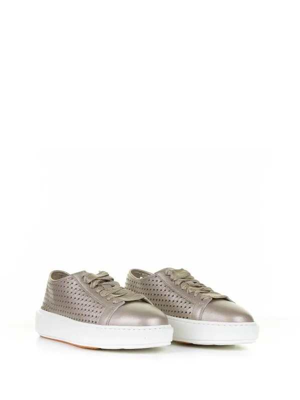 Santoni Beige Sneaker In Laminated Perforated Leather