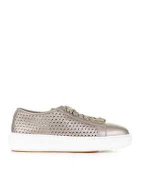 Santoni Beige Sneaker In Laminated Perforated Leather