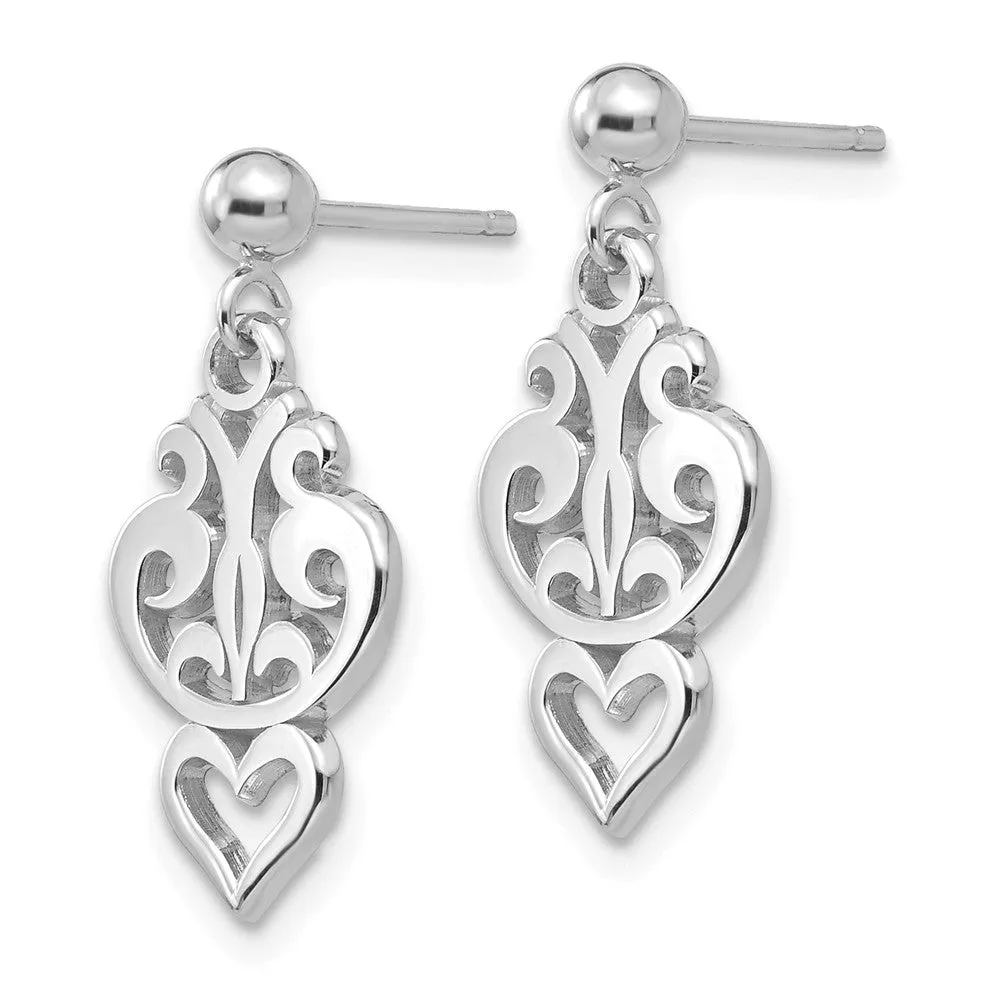 Small Filigree Heart Dangle Post Earrings in 14k White Gold