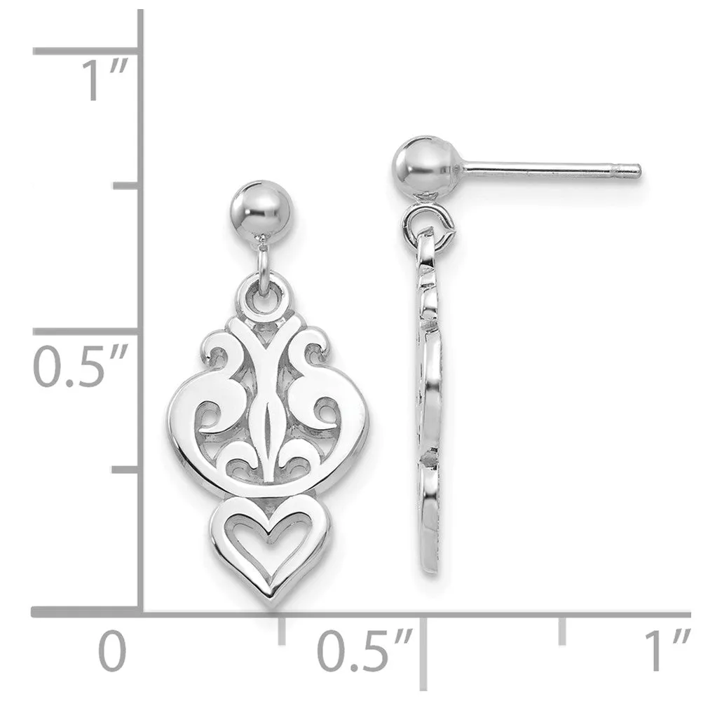 Small Filigree Heart Dangle Post Earrings in 14k White Gold