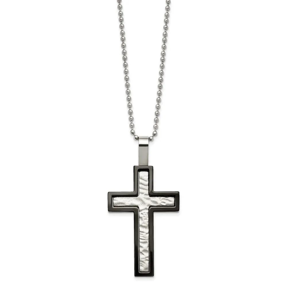 Stainless Steel & Black Plated Hammered Bordered Cross Necklace, 24 In