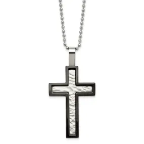 Stainless Steel & Black Plated Hammered Bordered Cross Necklace, 24 In