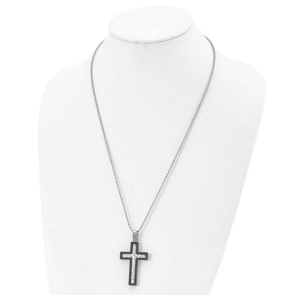 Stainless Steel & Black Plated Hammered Bordered Cross Necklace, 24 In