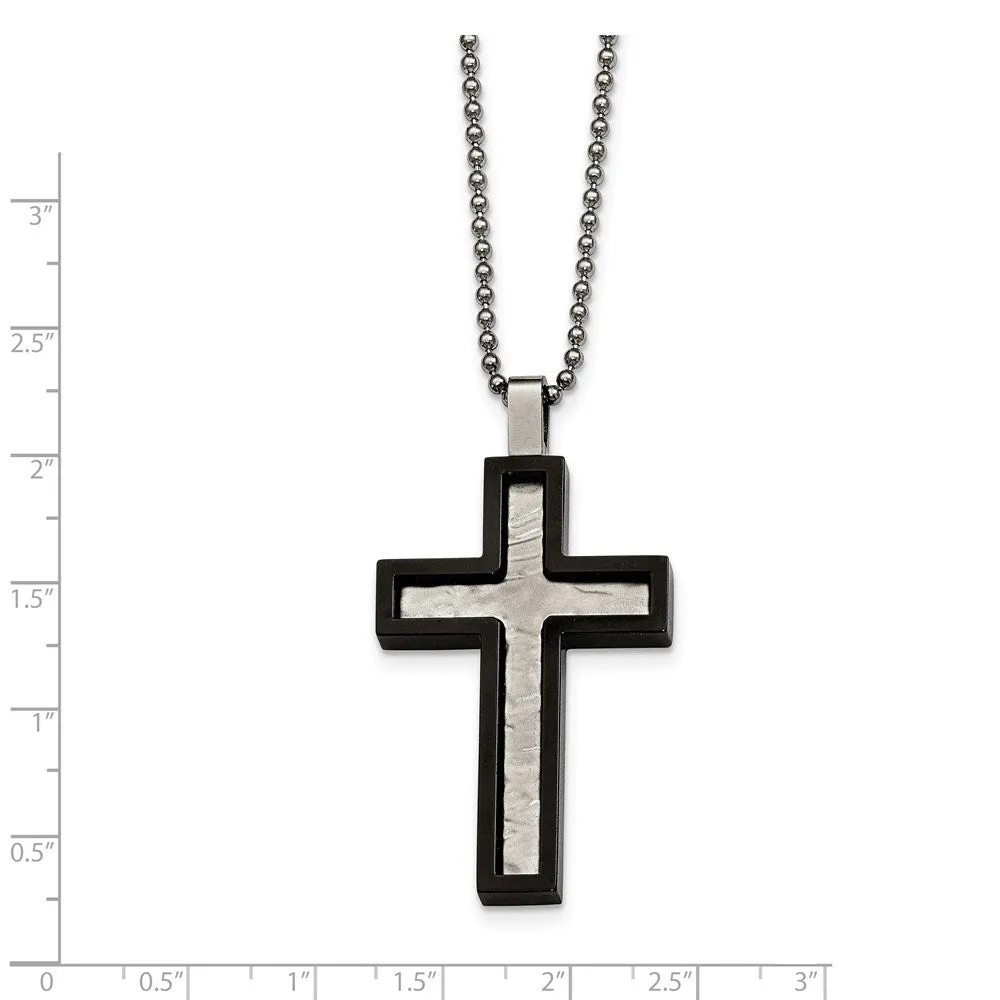 Stainless Steel & Black Plated Hammered Bordered Cross Necklace, 24 In