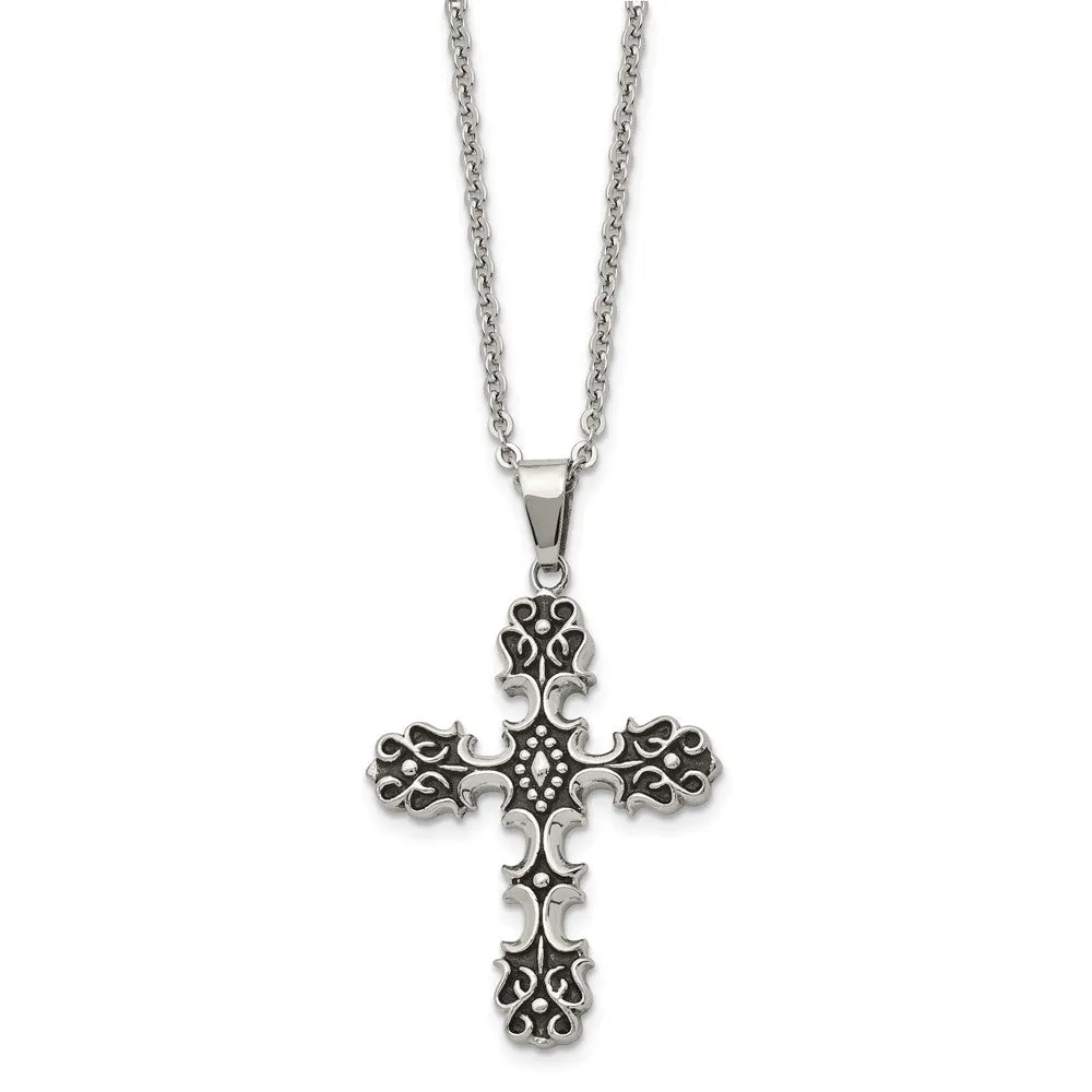 Stainless Steel Antiqued Ornate Cross Necklace, 22 Inch