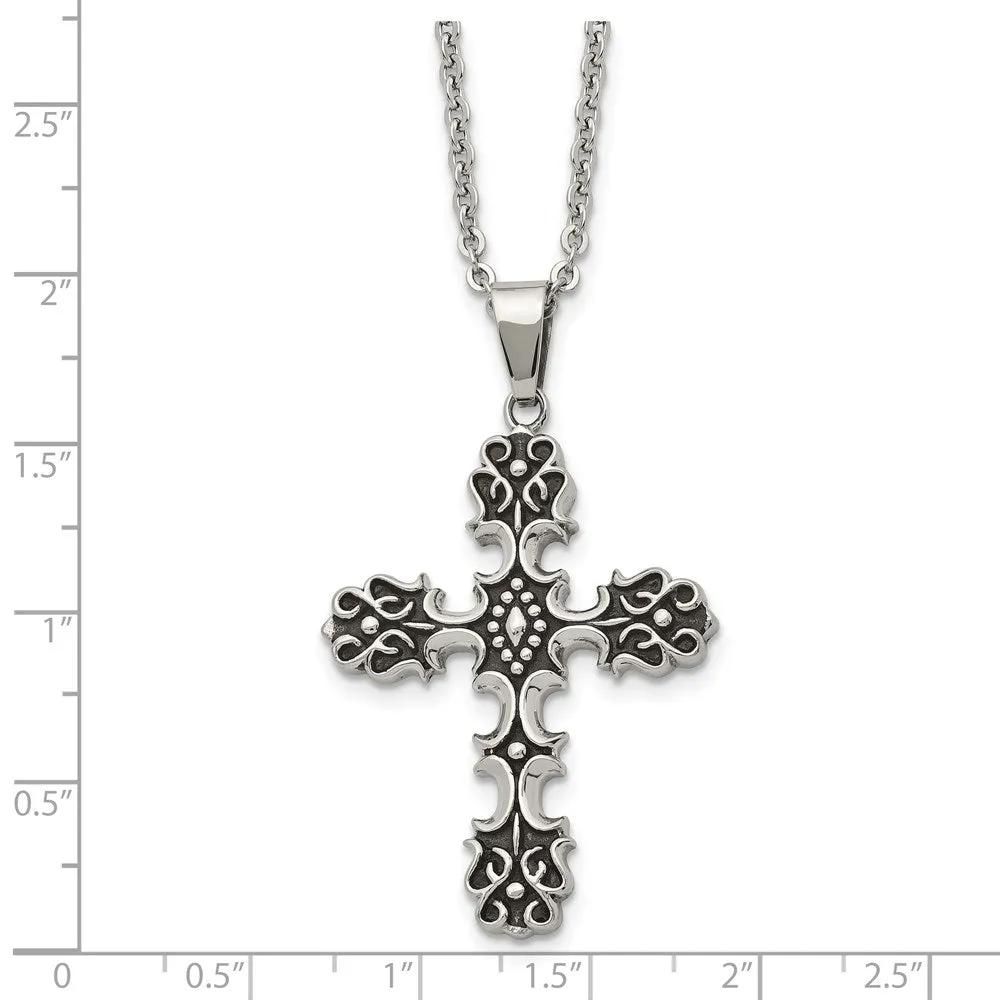 Stainless Steel Antiqued Ornate Cross Necklace, 22 Inch