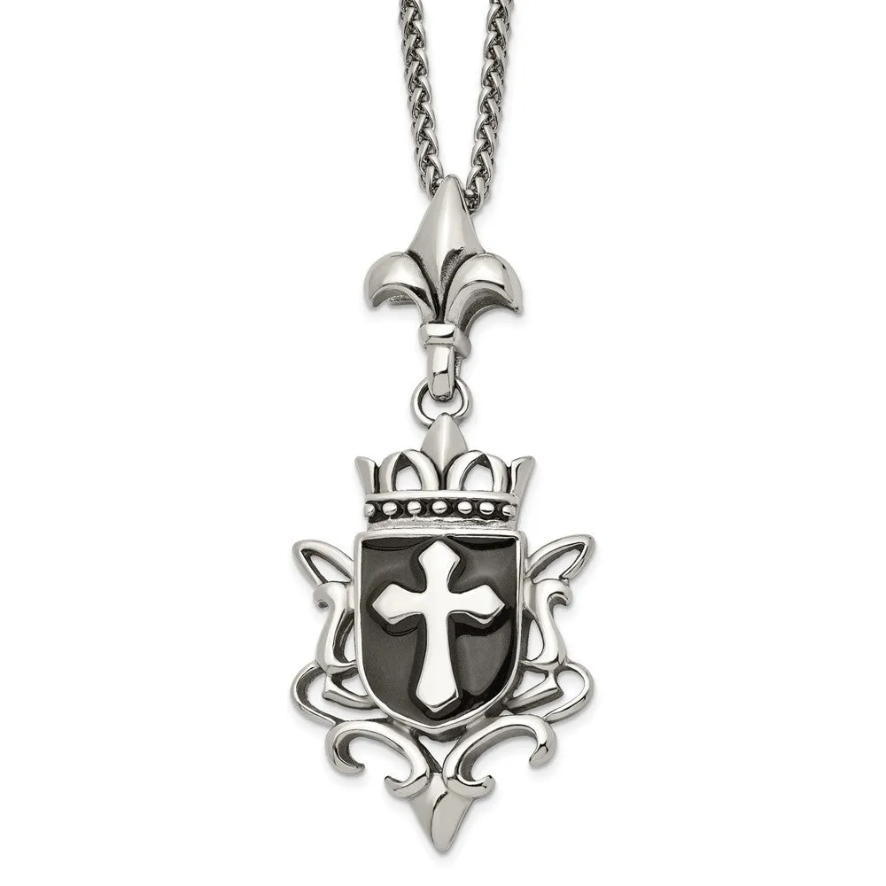 Stainless Steel, Enamel & Antiqued XL Shield Cross Necklace, 22 Inch