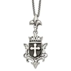 Stainless Steel, Enamel & Antiqued XL Shield Cross Necklace, 22 Inch