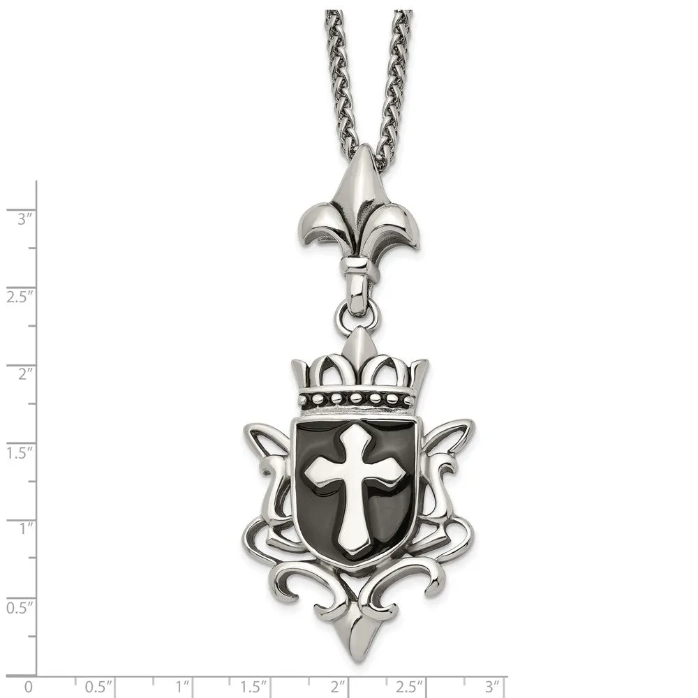 Stainless Steel, Enamel & Antiqued XL Shield Cross Necklace, 22 Inch