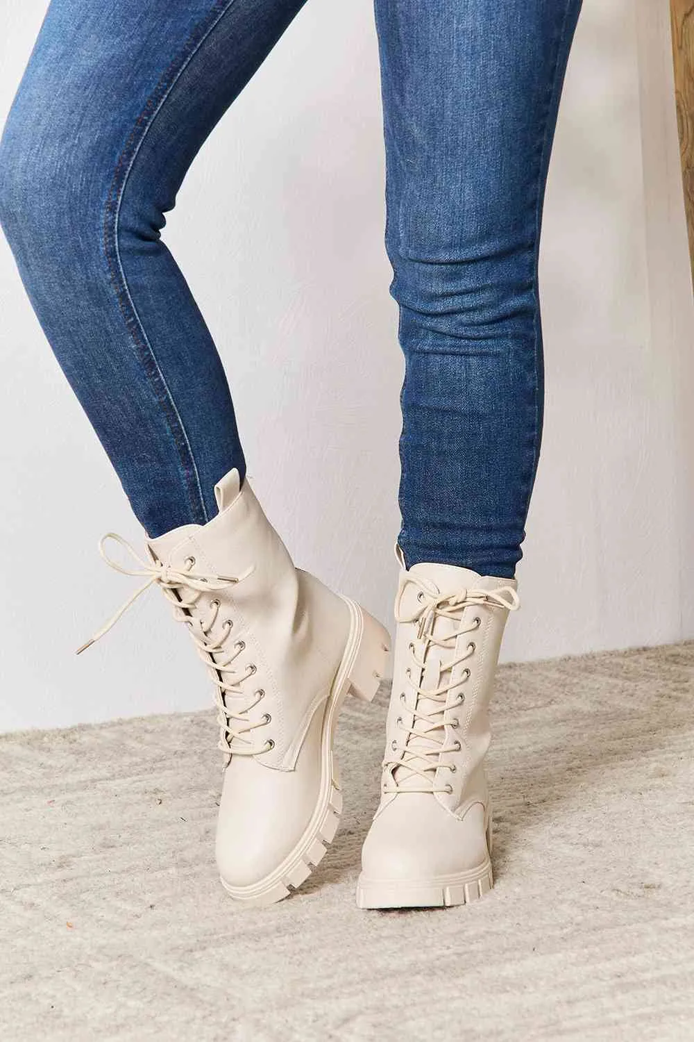 Stone Zip Back Lace-up Front Combat Boots