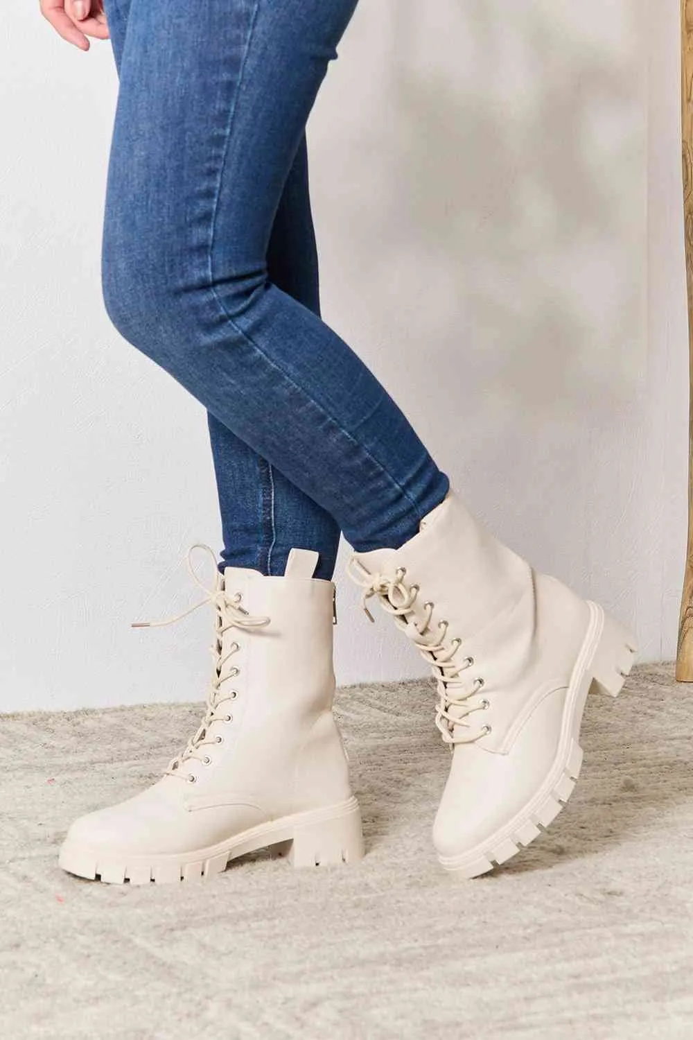 Stone Zip Back Lace-up Front Combat Boots