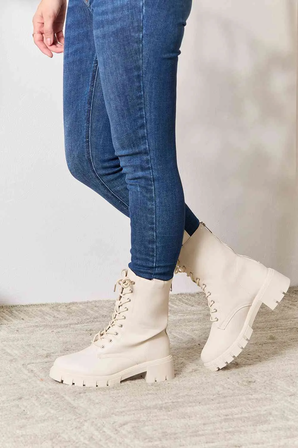 Stone Zip Back Lace-up Front Combat Boots