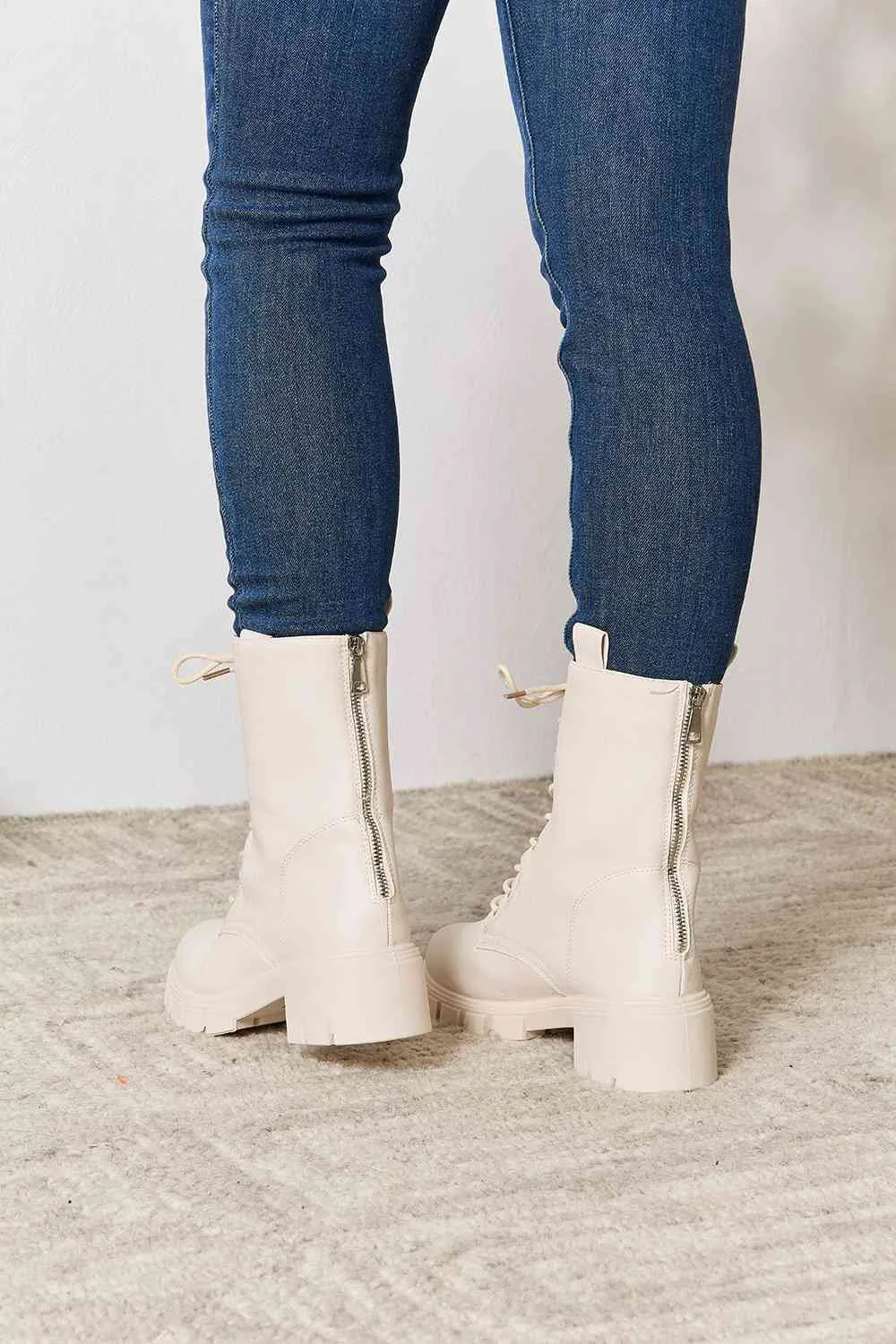 Stone Zip Back Lace-up Front Combat Boots